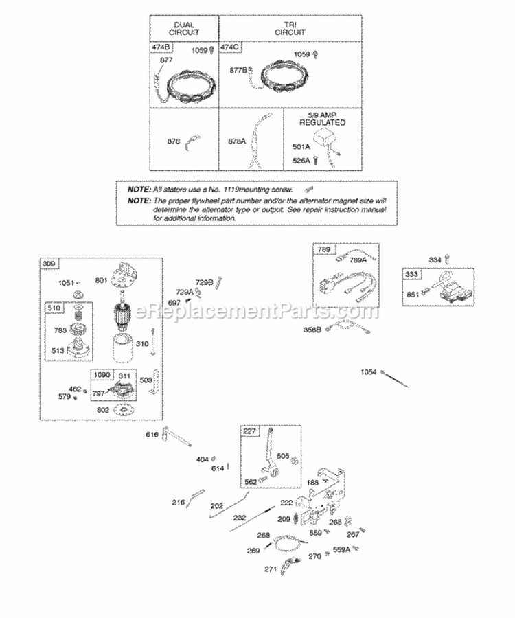 Alternator Controls Electric Starter Governor Spring Ignition Diagram and Parts List for  Briggs and Stratton Engine